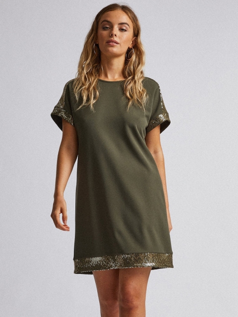 

DOROTHY PERKINS Women Petite Olive Green Solid Shift Dress