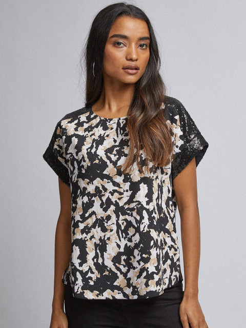 

DOROTHY PERKINS Women Petite Off-White & Black Printed Top