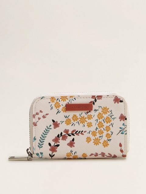 

MANGO Women Off-White & Mustard Yellow Floral Print Zip Around Wallet, Peach