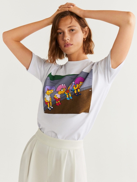 

MANGO Women White Simpson Print Round Neck T-shirt