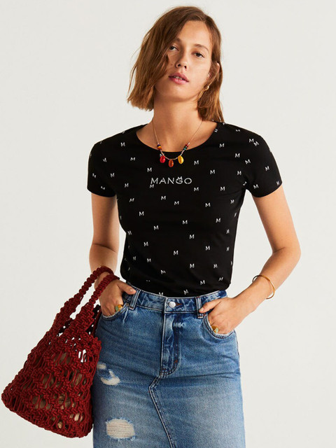 

MANGO Women Black Printed Round Neck T-shirt