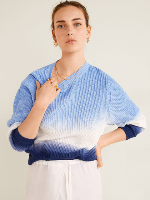 

MANGO Women Blue & White Colourblocked Pullover Sweater