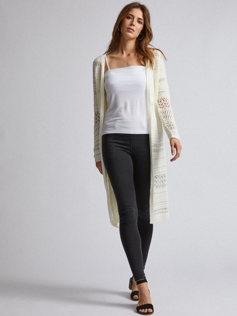 

DOROTHY PERKINS Women Off-White Self Design Front Open Longline Sweater