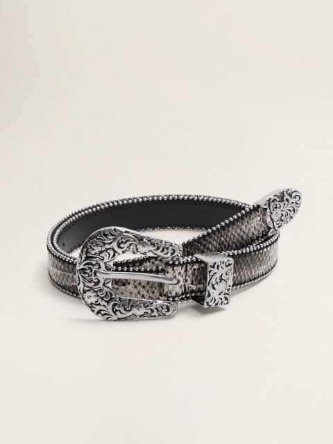 

MANGO Women Grey & Off-White Snakeskin Textured Belt