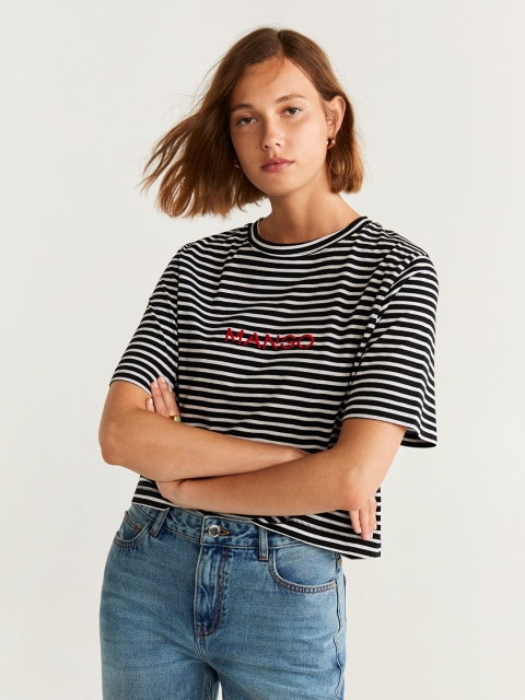 

MANGO Women Black & White Striped Round Neck T-shirt