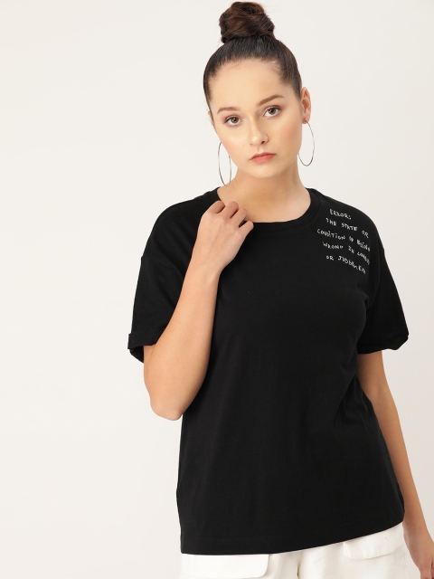 

MANGO Women Black Solid Round Neck Pure Cotton T-shirt