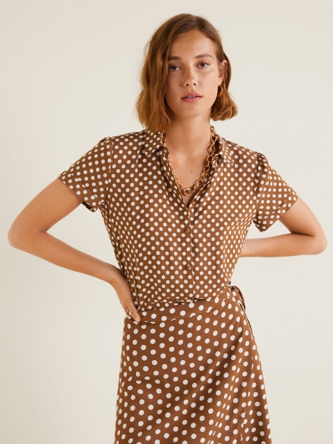 

MANGO Women Brown & Off-White Regular Fit Polka Print Casual Shirt