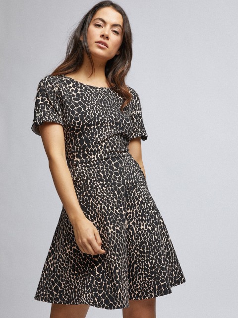 

DOROTHY PERKINS Women Petite Black & Beige Animal Print A-Line Dress