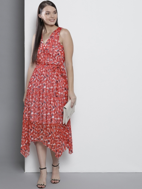 

DOROTHY PERKINS Women Red & White Floral Printed Accordion Pleats A-Line Dress