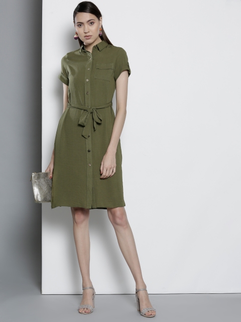 

DOROTHY PERKINS Women Petite Olive Green Solid Shirt Dress