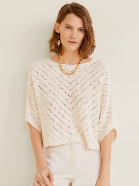 

MANGO Women Off-White Open Knit Pullover Sweater