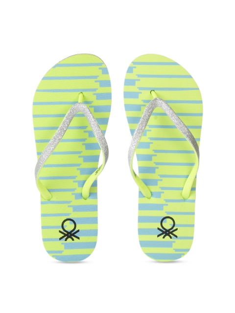 

United Colors of Benetton Women Silver-Toned & Green Striped Thong Flip-Flops