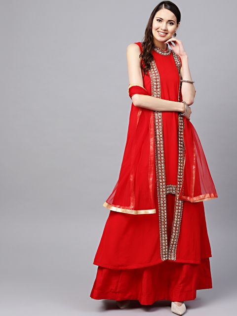 

Chhabra 555 Women Red Solid Made to Measure Lehenga with Jacket Style Choli & Dupatta