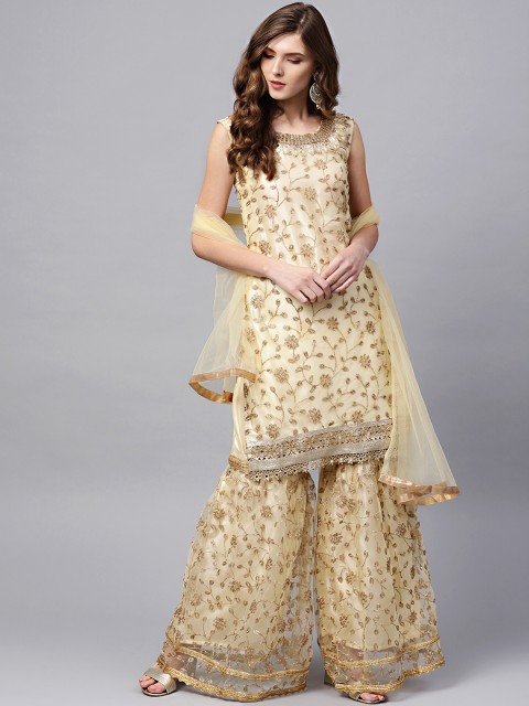 

Chhabra 555 Women Cream-Coloured & Golden Embroidered Made to Measure Kurta Set