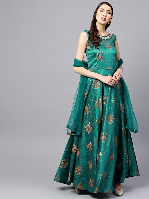 

Chhabra 555 Teal Green & Golden Made to Measure Printed Kurta with Churidar & Dupatta