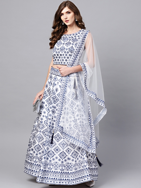 

Chhabra 555 White & Blue Ikat Print Made to Measure Lehenga & Choli with Dupatta