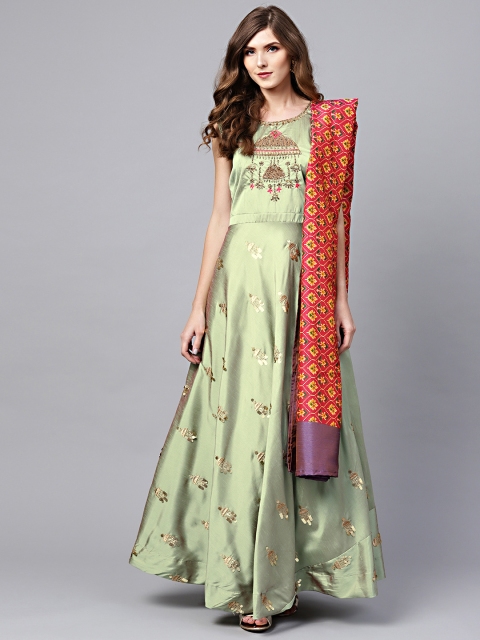 

Chhabra 555 Women Green & Pink Embellished Made to Measure Kurta Set