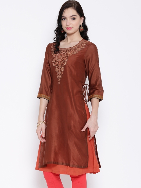 

BIBA OUTLET Rust Brown Polyester Embroidered Kurta