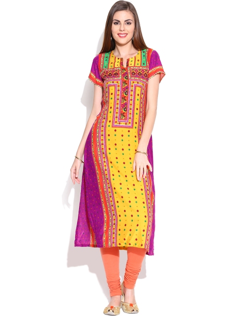 

BIBA OUTLET Yellow & Purple Printed Kurta with Embellishments