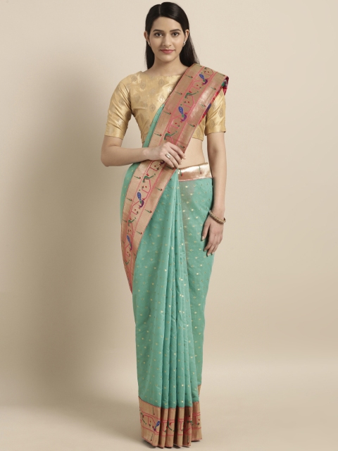

Varkala Silk Sarees Turquoise Blue & Pink Cotton Blend Woven Design Paithani Saree