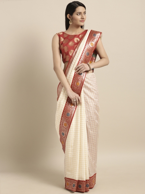 

Varkala Silk Sarees Cream-Coloured & Gold-Coloured Silk Blend Checked Banarasi Saree