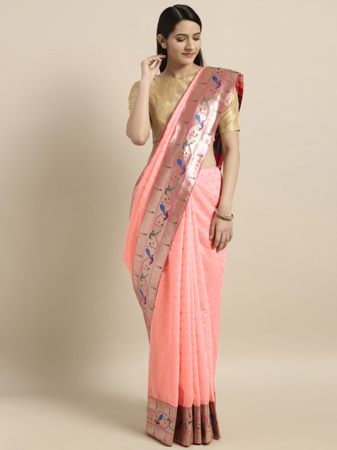 

Varkala Silk Sarees Pink & Gold-Toned Cotton Blend Woven Design Paithani Saree