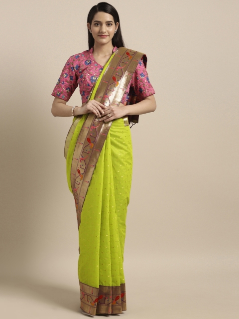 

Varkala Silk Sarees Green & Purple Cotton Blend Woven Design Paithani Saree