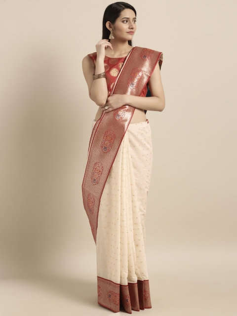 

Varkala Silk Sarees Cream-Coloured Cotton Blend Woven Design Banarasi Saree