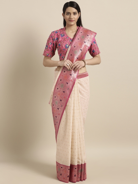 

Varkala Silk Sarees Cream-Coloured & Pink Cotton Blend Woven Design Banarasi Saree