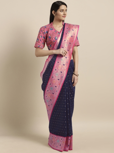 

Varkala Silk Sarees Navy Blue & Pink Cotton Blend Woven Design Banarasi Saree