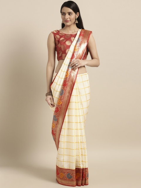 

Varkala Silk Sarees White & Gold-Coloured Silk Blend Checked Banarasi Saree