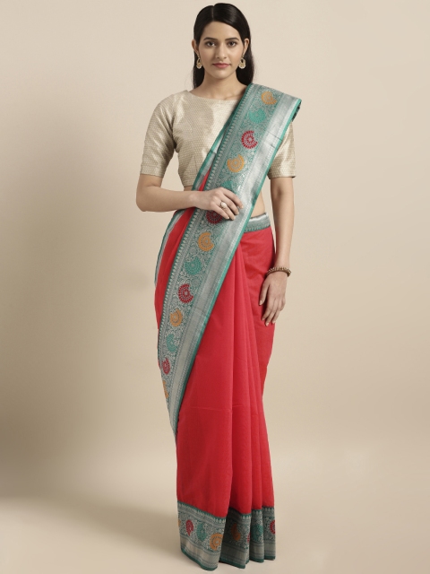 

Varkala Silk Sarees Red & Green Cotton Blend Solid Banarasi Saree