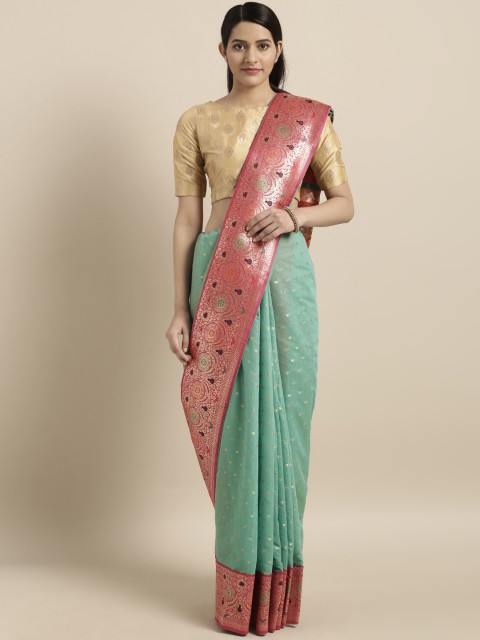 

Varkala Silk Sarees Turquoise Blue & Pink Cotton Blend Woven Design Banarasi Saree