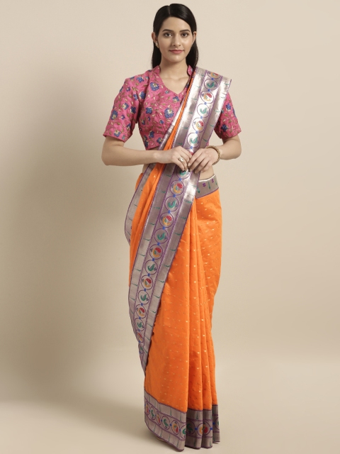 

Varkala Silk Sarees Orange Woven Design Cotton Blend Paithani Saree