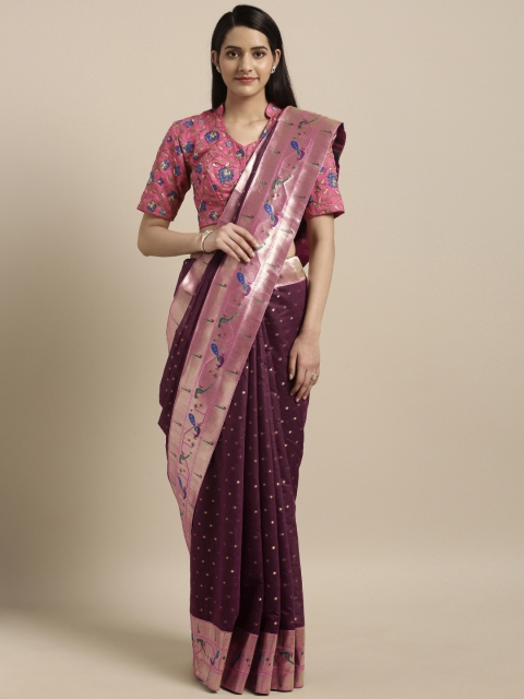 

Varkala Silk Sarees Burgundy & Pink Cotton Blend Woven Design Paithani Saree