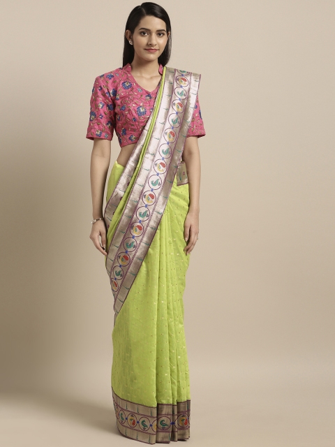 

Varkala Silk Sarees Light Green & Purple Cotton Blend Woven Design Paithani Saree