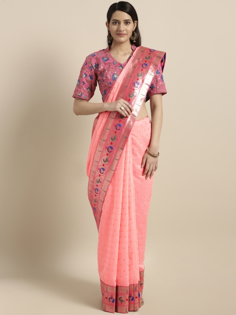 

Varkala Silk Sarees Pink & Blue Cotton Blend Woven Design Saree