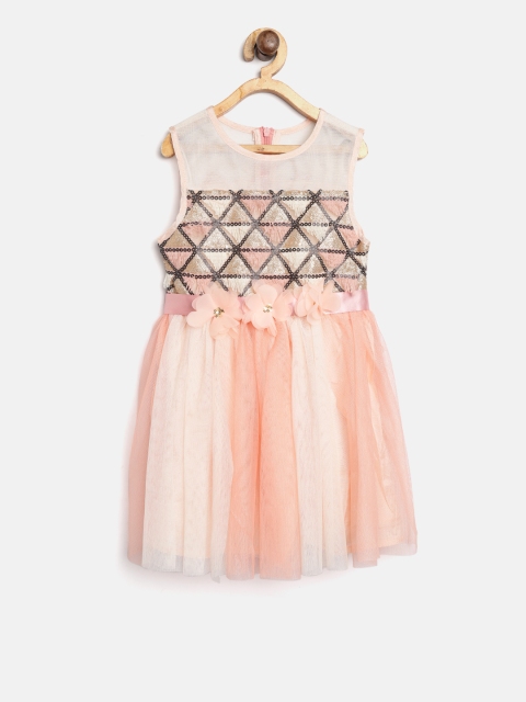 

Nauti Nati Girls Peach-Coloured Embellished Net Fit and Flare Dress