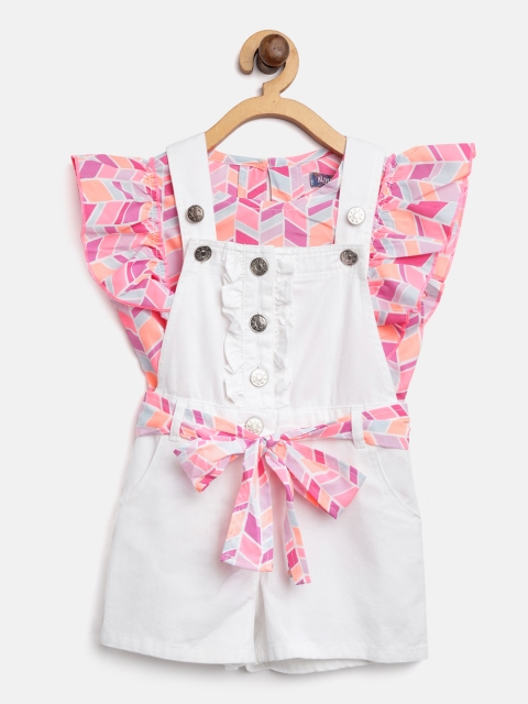 

Nauti Nati Girls White & Pink Printed Top with Dungarees