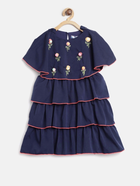 

Nauti Nati Girls Navy Blue Solid Layered A-Line Dress with Embroidered Detail