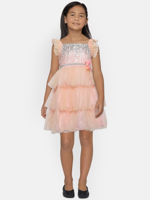 

Nauti Nati Girls Peach-Coloured & Silver Sequinned Net Fit and Flare Dress