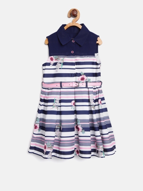 

Nauti Nati Girls White & Navy Blue Striped Fit and Flare Dress with Printed Detail