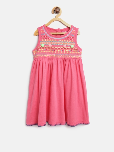 

Nauti Nati Girls Pink Solid A-Line Dress with Embroidered Detail