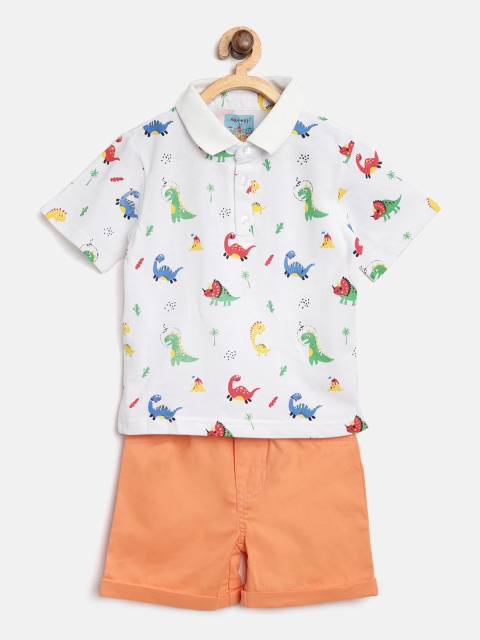 

Nauti Nati Boys White & Coral Orange Printed T-shirt with Solid Shorts