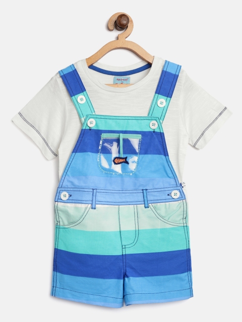 

Nauti Nati Boys White & Blue Solid T-shirt with Striped Dungarees