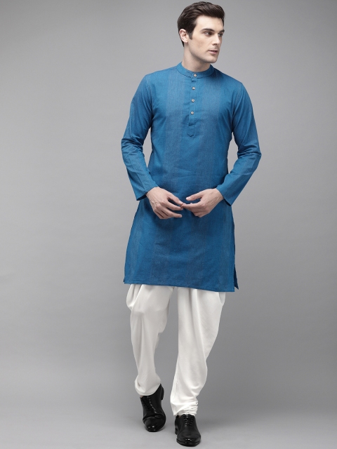

Anouk Men Blue Striped Kurta with Off-White Churidar