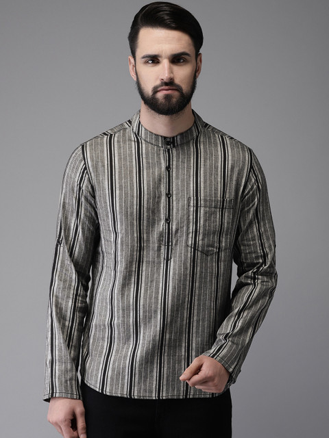 

Anouk Men Grey & Black Striped Straight Short Kurta
