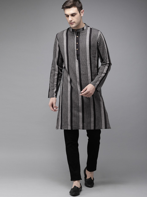

Anouk Men Black & Charcoal Grey Striped Straight Kurta