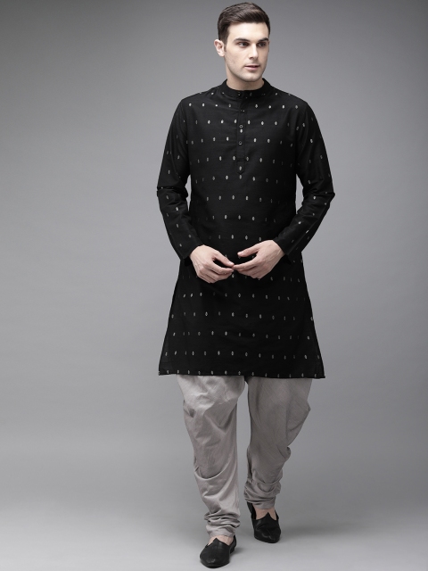 Men Black & Charcoal Grey Woven Design Kurta with Churidar