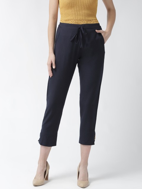 

RANGMAYEE Women Navy Blue Comfort Straight Fit Solid Cropped Trousers